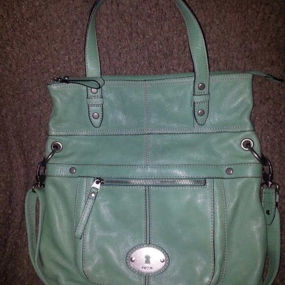 FOSSIL MACKENNA-Turquoise/SeaGlass Leather-Foldover Tote Messenger Crossbody-NWT - Picture 3 of 7
